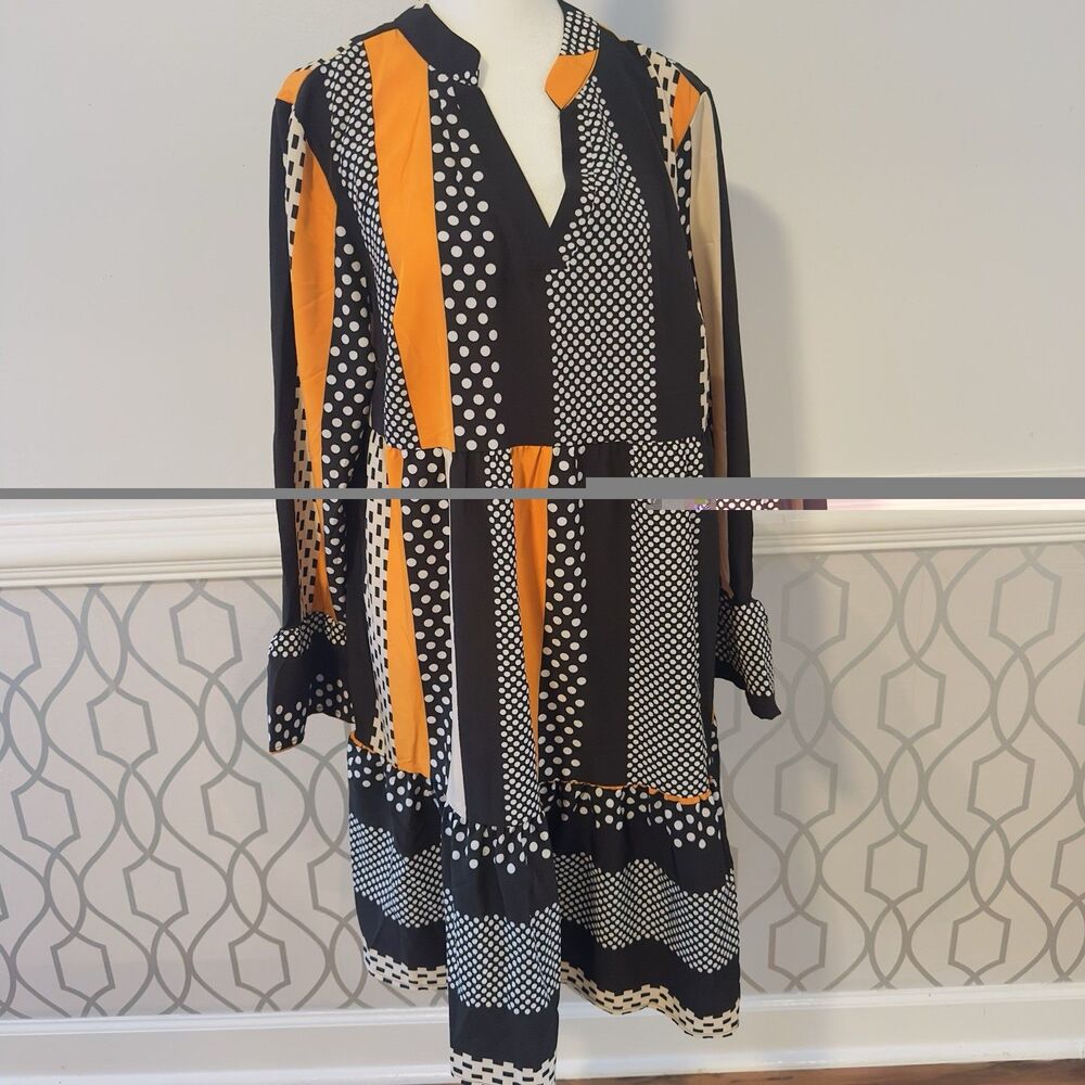 New Shein Knee Length Flared Dress OXL Bell Sleeve Orange Black Polka Dots